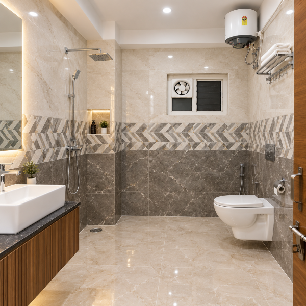 Modern bathroom, contemporary bathroom, beige bathroom, tiled bathroom, bathroom interior, Indian bathroom design, residential bathroom, wall tiles, patterned wall tiles, geometric tiles, hexagon tiles, beige marble tiles, floor tiles, ceramic tiles, porcelain tiles, toilet design, western toilet, wall mounted toilet, bathroom ventilation, exhaust fan, bathroom window, water heater, geyser, shower area, handheld shower, bathroom faucet, wash basin, pedestal sink, bathroom fixtures, sanitary ware, towel rack, stainless steel rack, bathroom storage, utility bathroom, compact bathroom, spacious bathroom, clean bathroom, neutral bathroom, warm beige tones, marble effect tiles, decorative tiles, accent tile wall, bathroom renovation, modern sanitaryware, bathroom decor, functional bathroom, minimalist bathroom, Indian home bathroom, apartment bathroom, house bathroom, tiled walls, tiled floor, plumbing fixtures, wall mounted accessories, ventilation window, bathroom lighting, ceiling light, bright bathroom, hygienic bathroom, practical design, contemporary sanitaryware, toilet room, bathroom layout, residential interior, home improvement, bathroom remodeling, modern home design, beige interior, stone texture, geometric pattern, patterned backsplash, floor drain, bathroom door, wooden bathroom door, utility fittings, water heater installation, exhaust ventilation, compact washroom, modern washroom, clean tile design, neutral palette, simple bathroom, elegant bathroom, functional interior, durable tiles, easy maintenance bathroom, bathroom inspiration, interior design ideas, Indian interior decor, home renovation ideas, contemporary home, modern house, bathroom styling, bathroom fixtures design, tiled washroom, residential washroom, premium bathroom design, practical home interiors, bathroom photography, modern toilet room.